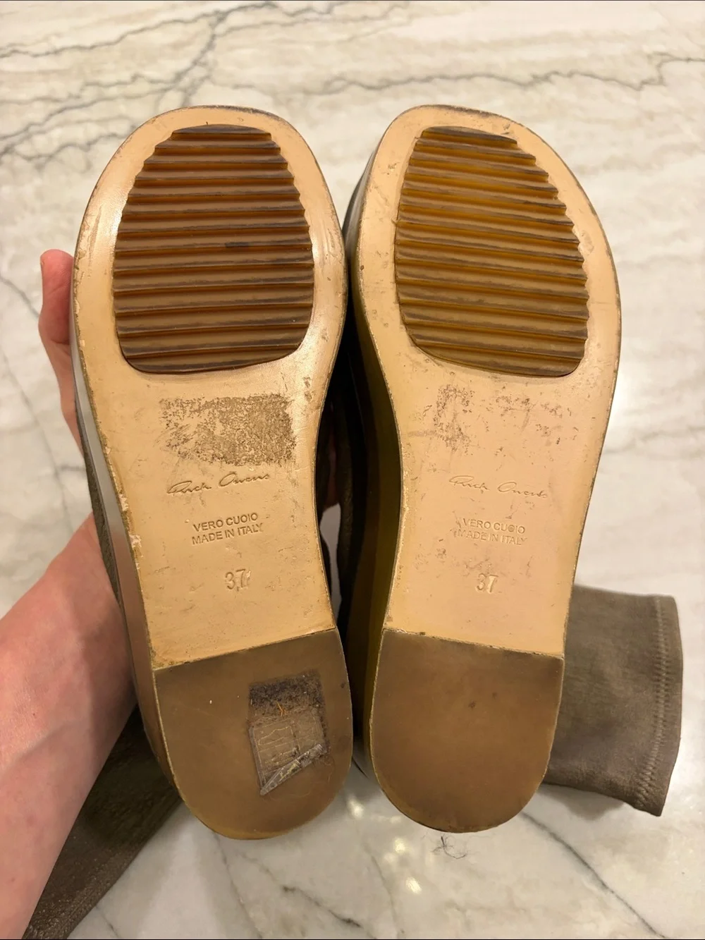 Rick Owens Taupe Sock Platform Wedge Boots with Brass Platform SZ 37
